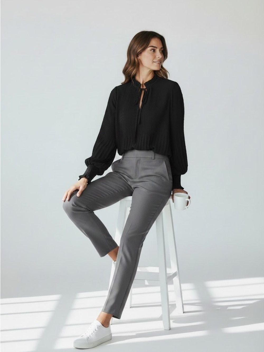Max Studio | Polka Dot Pleated Long Sleeve Shirt